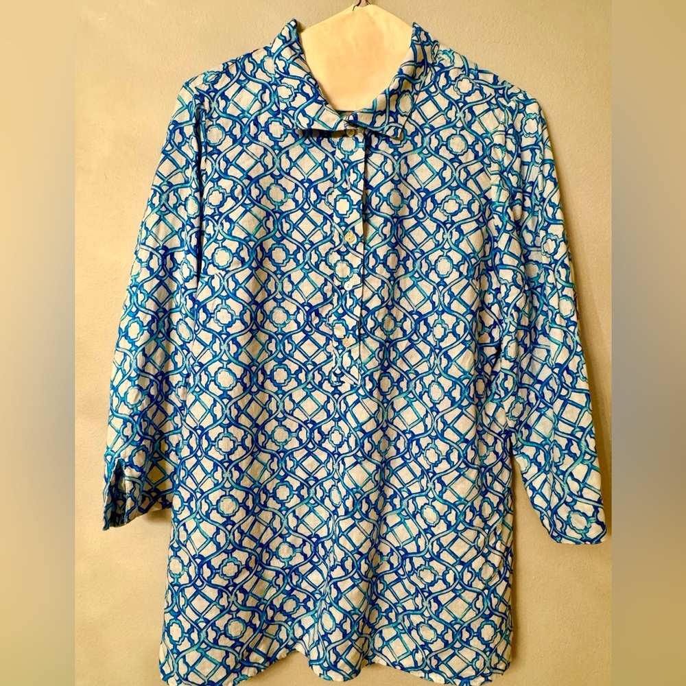 Chico's Blue and White Patterned Button Down Shirt